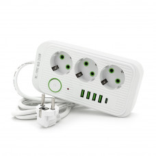 Фільтр мережі F09U, 3 розетки EU + 4 USB + 1PD, кнопка включення з індикатором, 2 м, 3х0,75мм, 2500W, White, Box