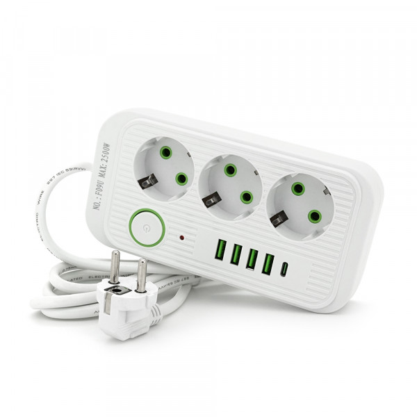 Фільтр мережі F09U, 3 розетки EU + 4 USB + 1PD, кнопка включення з індикатором, 2 м, 3х0,75мм, 2500W, White, Box