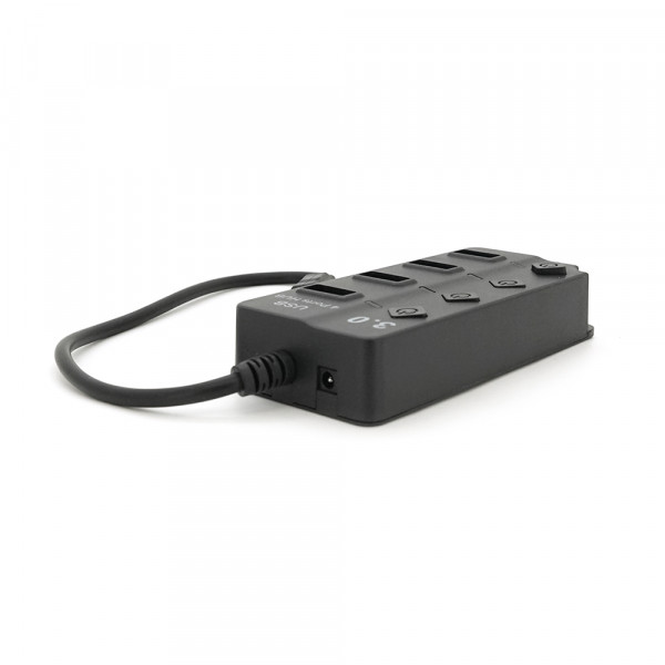 Хаб USB 3.0 4 порти, Black, 5Gb/s живлення від USB, з кнопкою LED/Blue на кожен порт, Blister