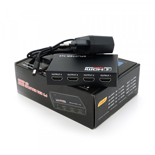 Активний HDMI сплитер 1 => 4 порта, 3D, 1080р, 4K, 1,4 версія, DC5V/2A Q50, Box