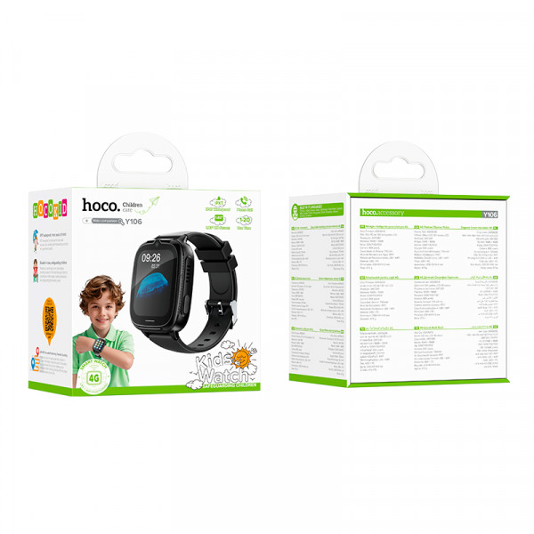 Дитячий смарт годинник Hoco Y106, 4G, GPS, Wi-Fi, HD камера, 1.83" HD-дисплей, дзвінки, відеодзвінки, голосові повідомлення, Black, Box