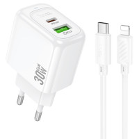 Набір СЗУ HOCO CS55A + Type-C/Lighting кабель, 1xUSB+1xUSB-C, PD30W+QC3.0, кабель 1м, White, Box