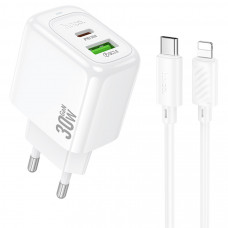 Набір СЗУ HOCO CS55A + Type-C/Lighting кабель, 1xUSB+1xUSB-C, PD30W+QC3.0, кабель 1м, White, Box