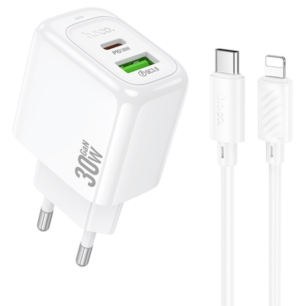 Набір СЗУ HOCO CS55A + Type-C/Lighting кабель, 1xUSB+1xUSB-C, PD30W+QC3.0, кабель 1м, White, Box