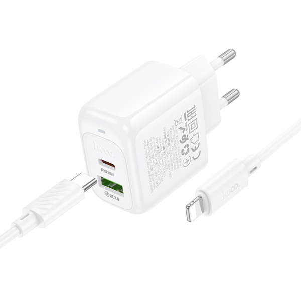 Набір СЗУ HOCO CS55A + Type-C/Lighting кабель, 1xUSB+1xUSB-C, PD30W+QC3.0, кабель 1м, White, Box