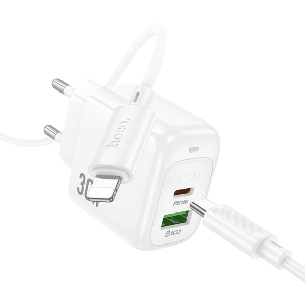 Набір СЗУ HOCO CS55A + Type-C/Lighting кабель, 1xUSB+1xUSB-C, PD30W+QC3.0, кабель 1м, White, Box