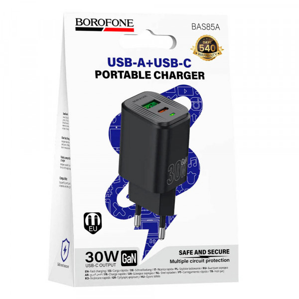 СЗУ BOROFONE BAS85A USB+Type-C, PD30W+Q3.0, Black, Box