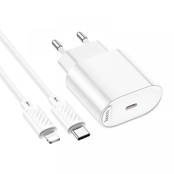 Набір СЗУ 110-240V HOCO C109A 1xUSB-C+ кабель Lighting, PD20W, кабель 1м, White, Blister