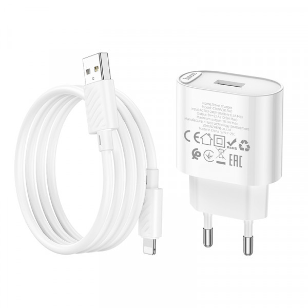 Набір СЗУ 110-240V HOCO C109A 1xUSB+ кабель Lighting, 2.1A, кабель 1м, White, Bliste