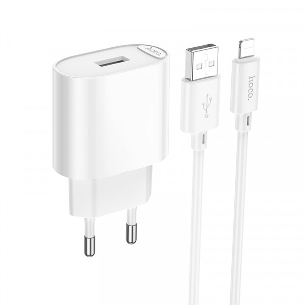 Набір СЗУ 110-240V HOCO C109A 1xUSB+ кабель Lighting, 2.1A, кабель 1м, White, Bliste