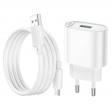 Набір СЗУ 110-240V HOCO C109A 1xUSB+ кабель Micro, 3.0A, кабель 1м, White, Blister