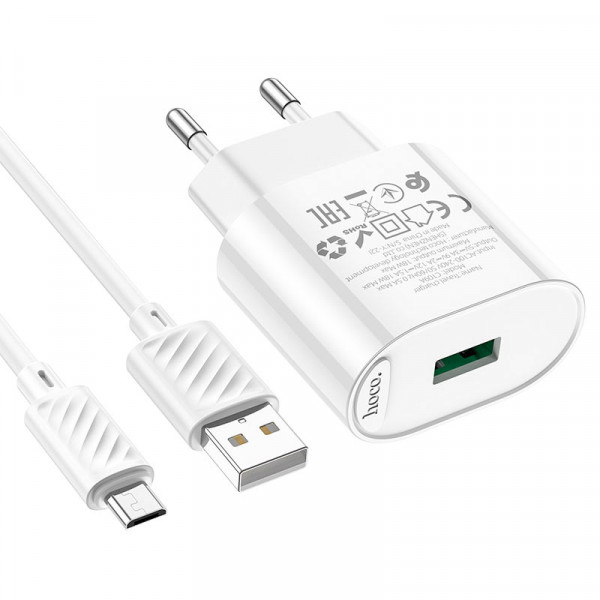Набір СЗУ 110-240V HOCO C109A 1xUSB+ кабель Micro, 3.0A, кабель 1м, White, Blister