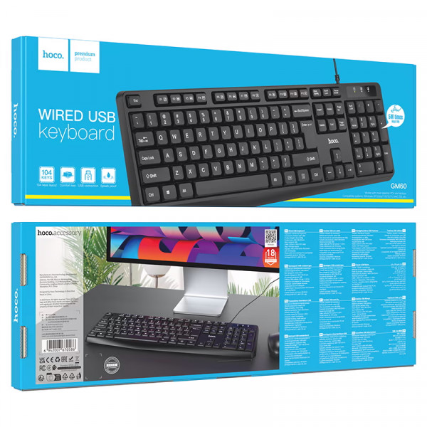 Клавіатура провідна HOCO GM60, USB, 104 клавіші, (Eng/Pyc), Black, Box