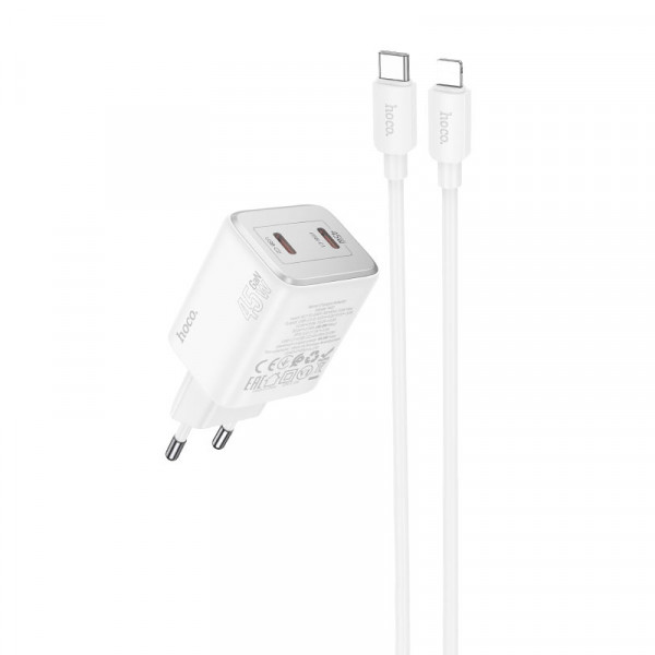 Набір СЗУ HOCO N42 + кабель Lighting, 2xUSB-C, PD45W, кабель 1м, White, Box
