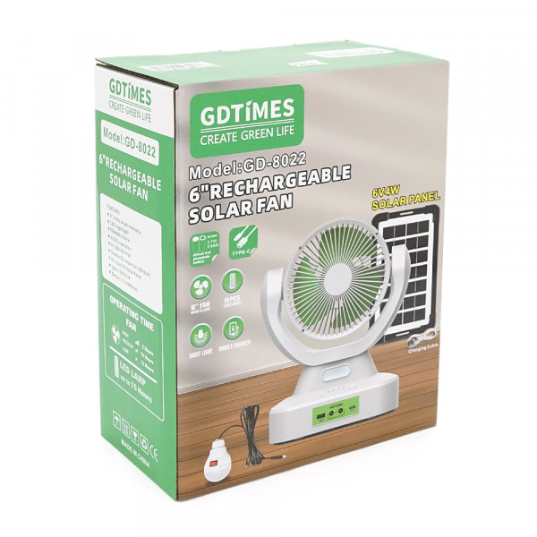 Вентилятор GDTIMES GD 8022, Solar+ вбудований акумулятор, 1*USB лампочка, Box