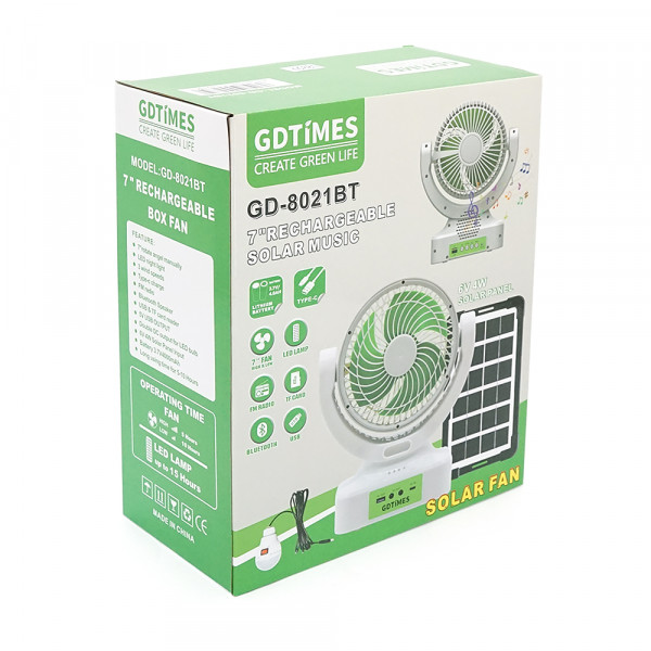 Вентилятор GDTIMES GD 8021BT+Ліхтар+Радіо+Bluetooth, Solar+ вбудований акумулятор, Box