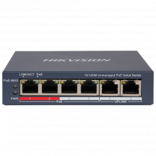 6-портовий некерований POE комутатор Hikvision DS-3E0106P-E/M(B) , 4 POE×100 Мбіт/с + 2 RJ45×100 Мбіт/с