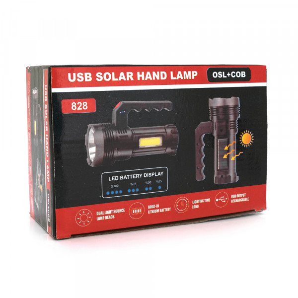 Ліхтар пошуковий USHL-828, 1LED T6+COB, 3W, 3+1 режими, 1200mah, Black, IP40, USB кабель+Solar, 150х60х90мм, BOX