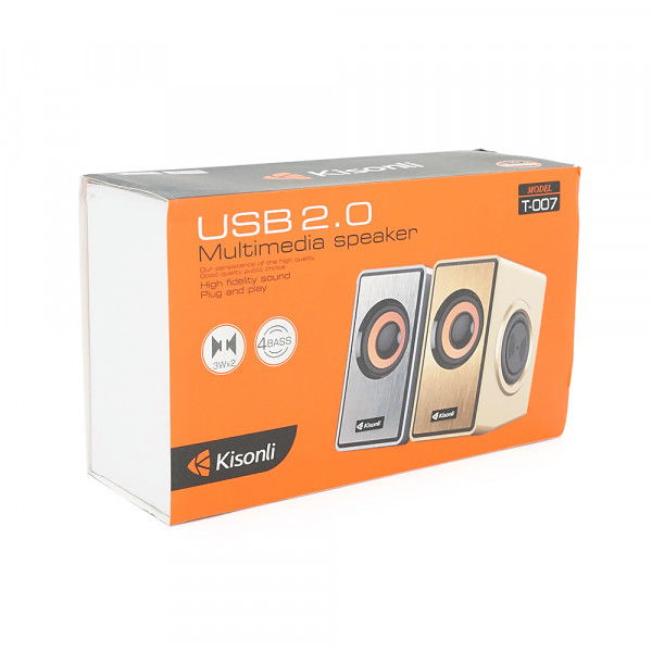 Колонки 2.0 Kisonli T-007  для ПК і ноутбука, USB + 3.5mm, 2x3W, 20Hz- 20KHz, Gold, BOX, Q40