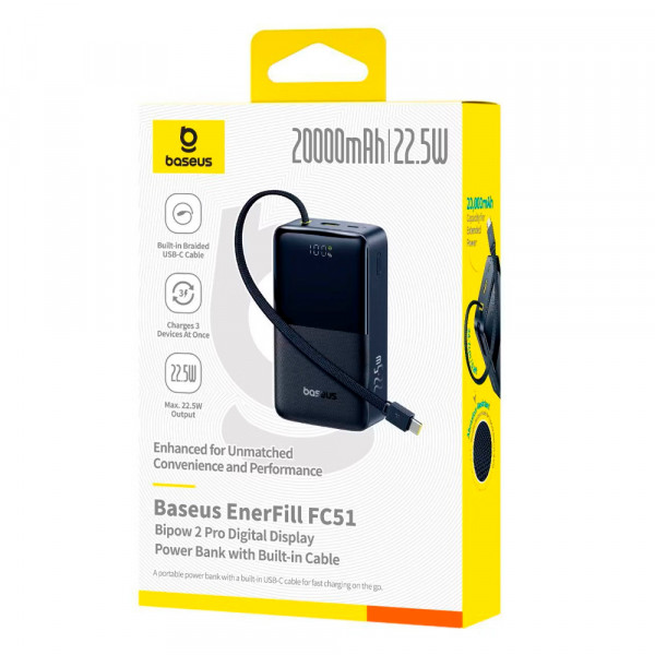 PowerBank Baseus EnerFill FС51 Bipow 2 Pro Digital Display Fast Charge 30000mAh 22.5W, 2*USB+Type-C, PD3.0, QC3.0, Black, Q20