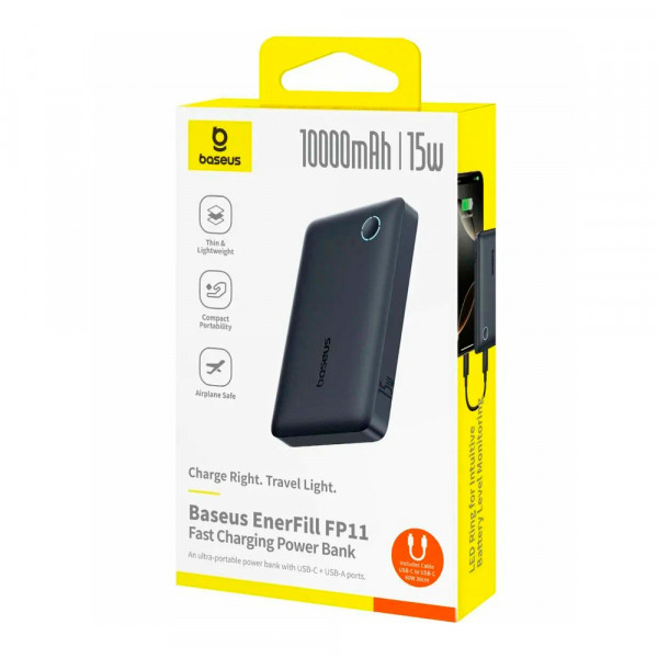 PowerBank Baseus EnerFill FP11 Fast Charge 10000mAh 15W, 2*USB+Type-C, PD3.0, QC3.0, Black, Q20