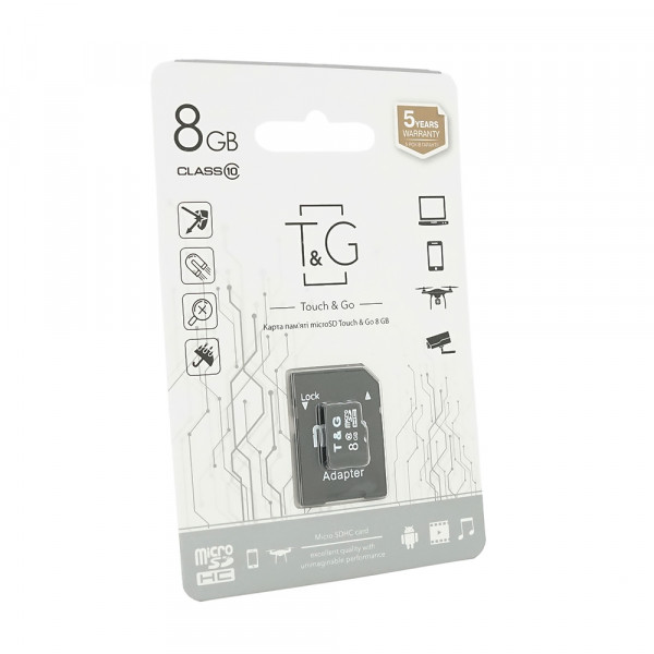 Карта пам'яті T&G microSDHC Class 10 UHS-I, з адаптером, 8GB, Blister