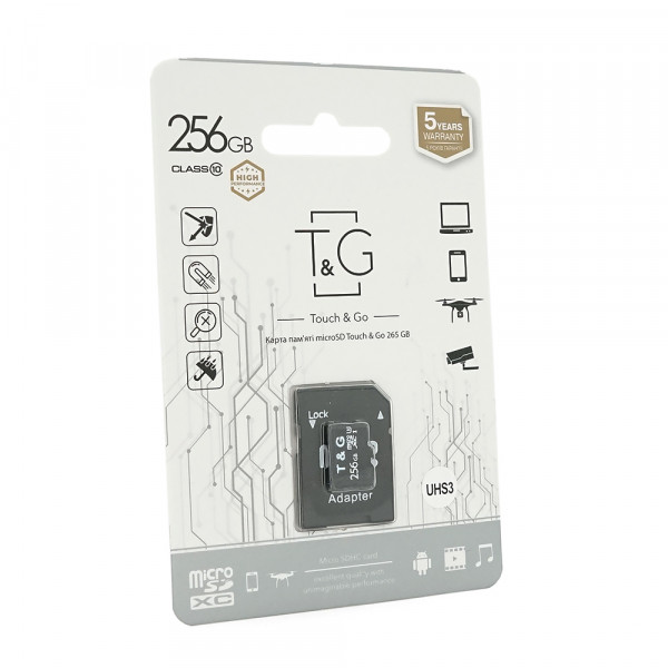 Карта пам'яті T&G microSDHC Class 10 UHS-3, з адаптером, 256GB, Blister