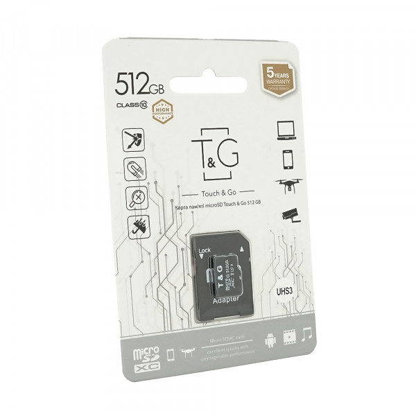 Карта пам'яті T&G microSDHC Class 10 UHS-3, з адаптером, 512GB, Blister