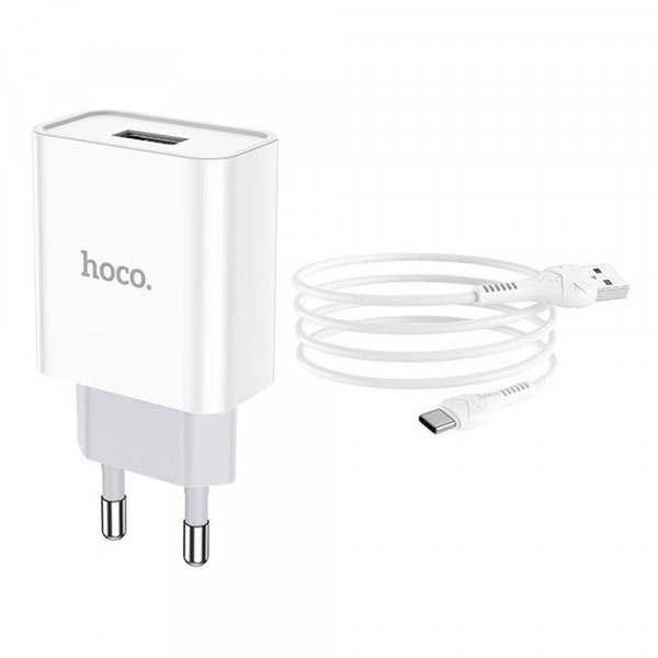 Набір СЗУ 110-240V HOCO C81A 1xUSB+ кабель Type-C, 2.1A, кабель 1м, White, Blister
