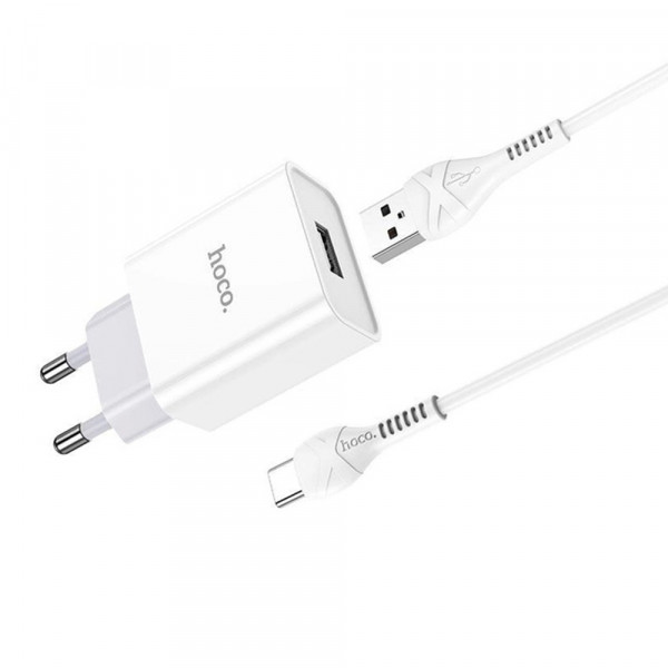 Набір СЗУ 110-240V HOCO C81A 1xUSB+ кабель Type-C, 2.1A, кабель 1м, White, Blister