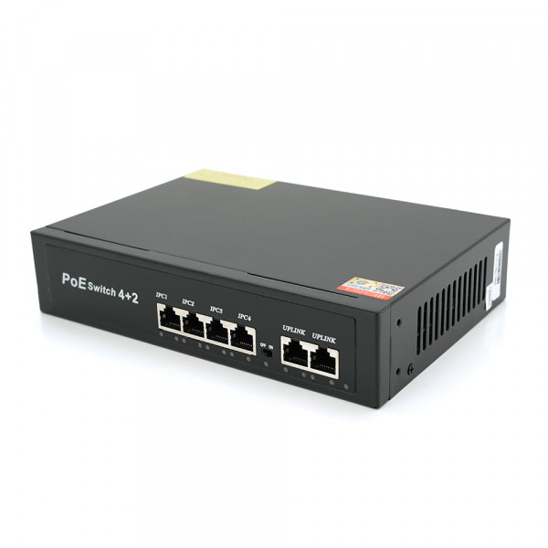 Комутатор POE 48V з 4 портами POE 100Мбіт + 2 порт Ethernet (UP-Link) 100Мбіт, корпус - метал, Black, БП вбудований, Q20