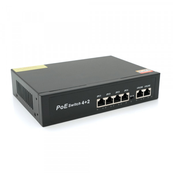 Комутатор POE 48V з 4 портами POE 100Мбіт + 2 порт Ethernet (UP-Link) 100Мбіт, корпус - метал, Black, БП вбудований, Q20