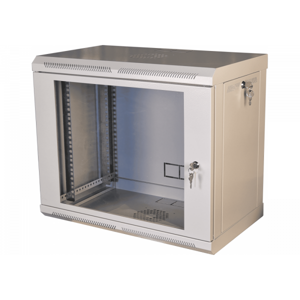 Шафа телекомунікаційна 19" VAGO 9U, настінна, двері акрил, сірий, (505х600х350)