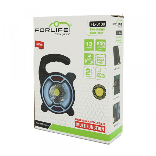 Переносний ліхтар FORLIFE F-3130+Solar, SMD LED + COB, 4 режими роботи, заряд від 220V, Box