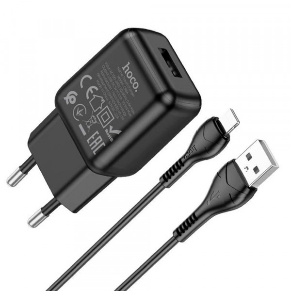Набір СЗУ 110-240V HOCO C96A+ кабель Lighting, 1xUSB, 2.1A, кабель 1м, Black, Blister