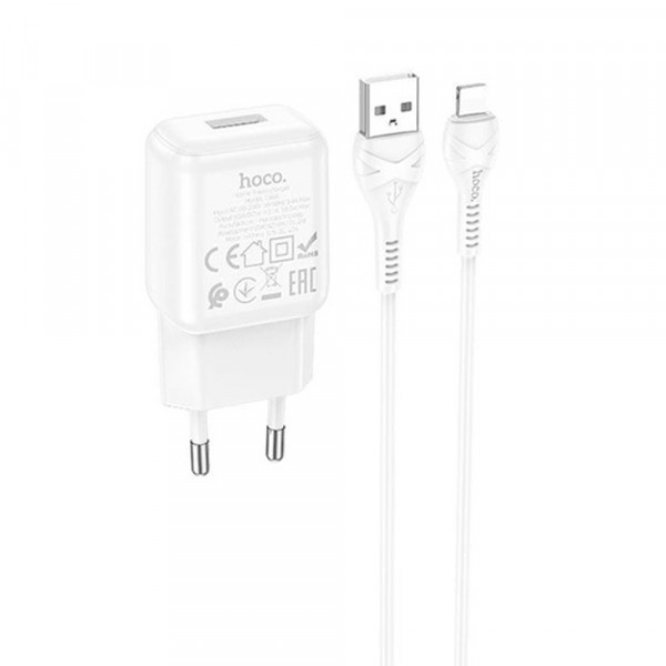 Набір СЗУ 110-240V HOCO C96A+ кабель Lighting, 1xUSB, 2.1A, кабель 1м, White, Blister