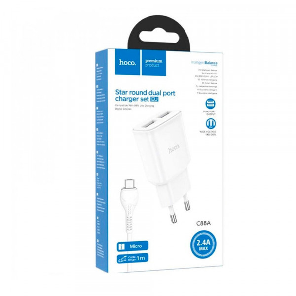 Набір СЗУ 110-240V HOCO C88A + кабель Micro, 2xUSB, 2.4A, кабель 1м, White, Box