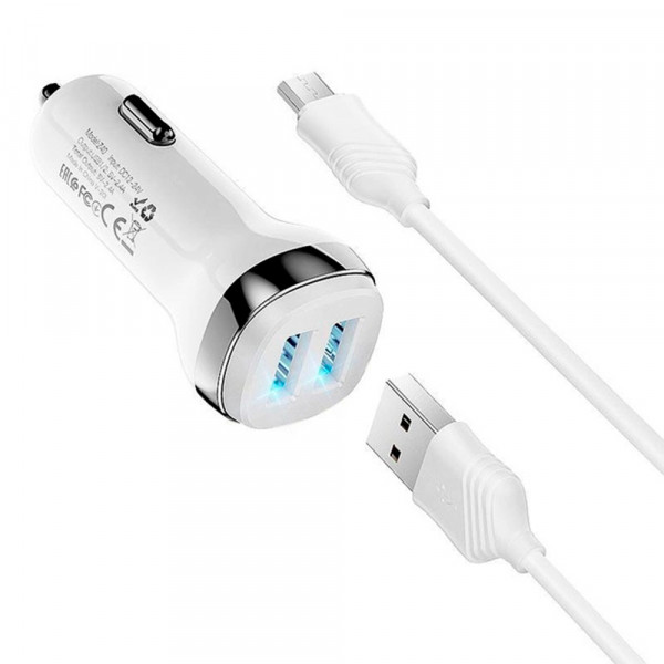 Набір АЗУ 12-24V HOCO Z40 кабель Micro, 2xUSB, 2.4A, кабель 1м, White, Box