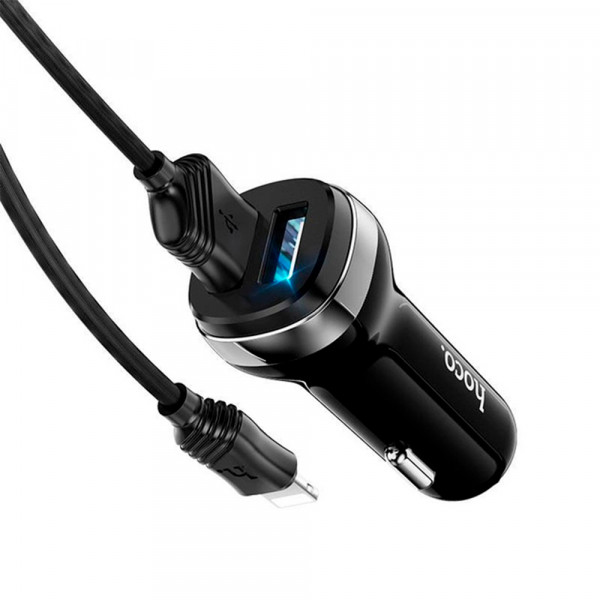 Набір АЗУ 12-24V HOCO Z40 + кабель Lighting, 2xUSB, 2.4A, кабель 1м, Black, Box