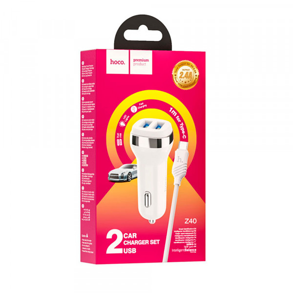 Набір АЗУ 12-24V HOCO Z40 + кабель Type-C, 2xUSB, 2.4A, кабель 1м, White, Box