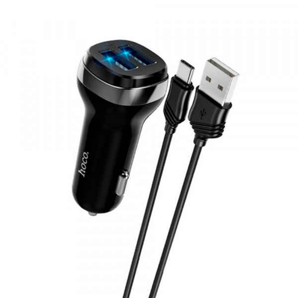 Набір АЗУ 12-24V HOCO Z40+ кабель Type-C, 2xUSB, 2.4A, кабель 1м, Black, Box