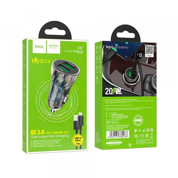 Набір АЗУ 12-24V HOCO Z47 кабель Micro, 2xUSB 3.0, 2.4A, кабель 1м, Black, Box