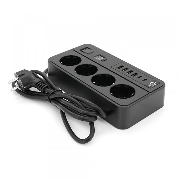 Мережевий фільтр із захистом від перенапруги G13H, 3000W, 4 Socket + 4 USB 3,2А + 2 Type-C + таймер, 2м, Black, Box