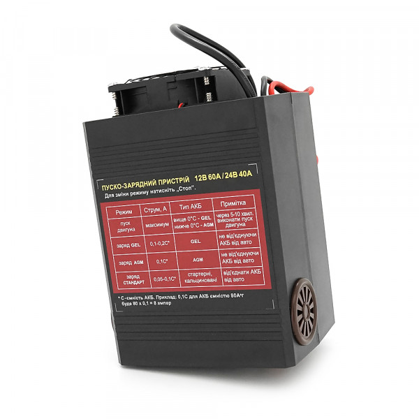 Пуско-зарядне ЗУ БОТ-60 для акумуляторів 12/24V (12-900Ah) (MF, WET, AGM, GEL, CA/CA), 160-245V, Струм заряду 60/40А, крокодили в комплекті