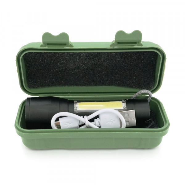 Ліхтарик 511COB, 3WLED+COB, CREE Q5, Zoom, 3 режима, алюміній, вбудований акум, USB кабель, 98х24х20, Box