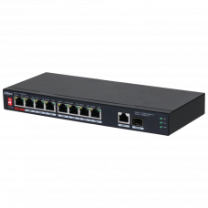10-портовий некерований комутатор DH-PFS3110-8ET1GT1GF-96 з 8 портами POE 100Мбіт + 1 порт UP-Link 1000Мбіт + 1 порт SFP, корпус - метал, Black
