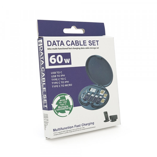 Кабель Data Cable Set, Type-C-Type-C+ перехідники (USB+Lighting+Micro), 60W, Black, довжина 0.2м, Case