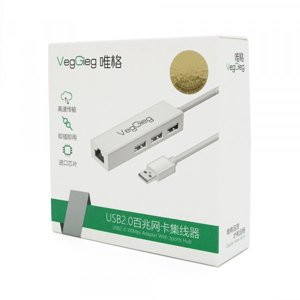 Контролер USB 2.0 до Ethernet VEGGIEG  - Сетевой адаптер 100 / 1000Mbps з проводом RTL-8152B + FE2.2S + 3 порта USB2.0, White, Metal, Blister-Box