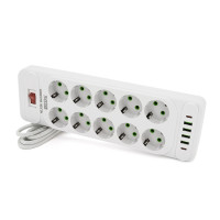 Мережевий фільтр F35U, 10 розеток EU + 4 USB + 2 PD, кнопка включення з індикатором, 2 м, 3х0,75 мм, 2500W, White, Box