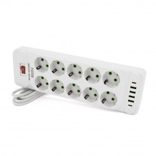 Мережевий фільтр F35U, 10 розеток EU + 4 USB + 2 PD, кнопка включення з індикатором, 2 м, 3х0,75 мм, 2500W, White, Box